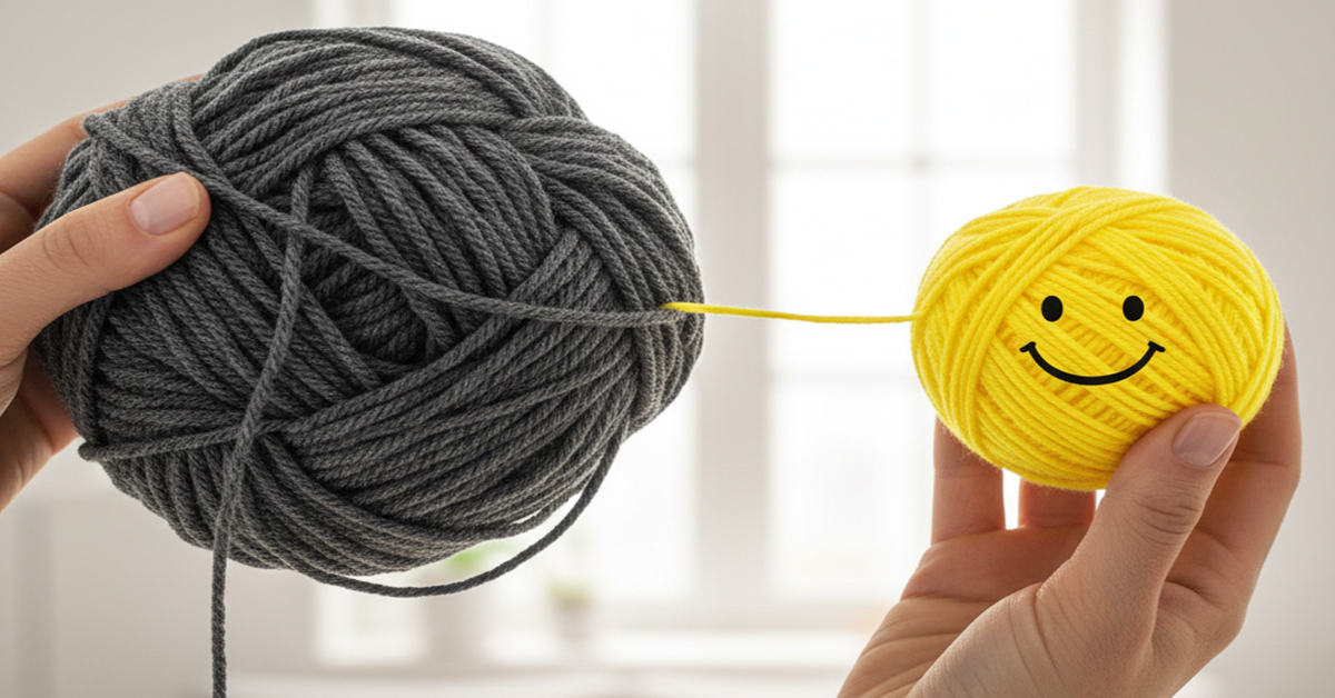 A person holding a tangled ball of yarn that represents harmful habits, with a smiling face emerging from the untangled part. The background is bright and clear, symbolizing newfound clarity and happiness.