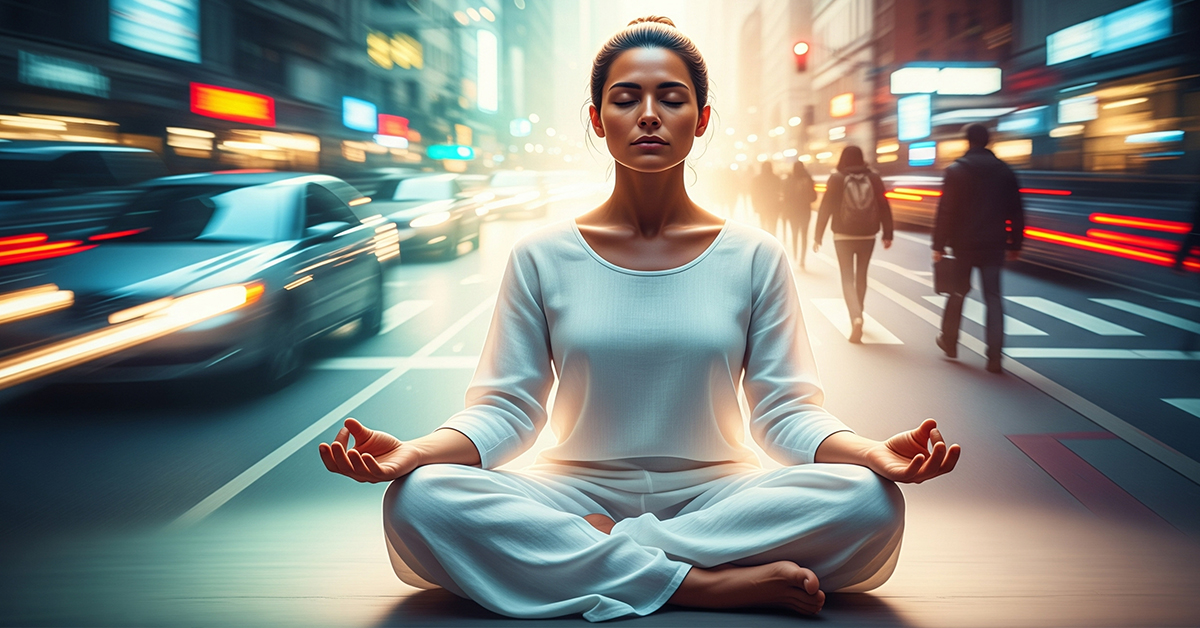 A calm person meditating amidst a blurry, chaotic urban environment.
