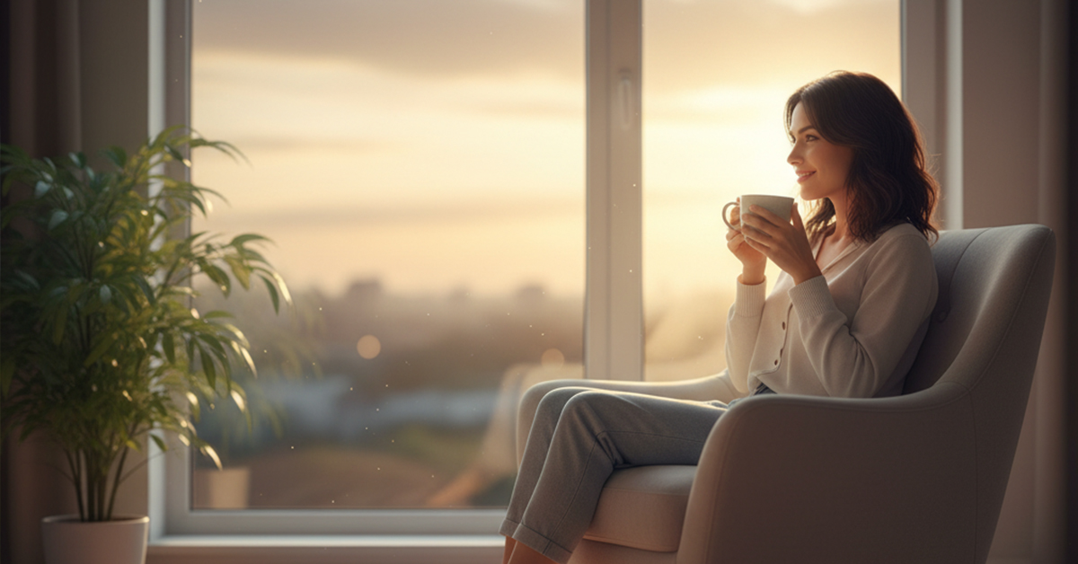 A person sitting serenely by a window, gazing out at a sunrise or sunset with a gentle smile, holding a warm cup. The room is minimalist and calm, emphasizing tranquility and presence.