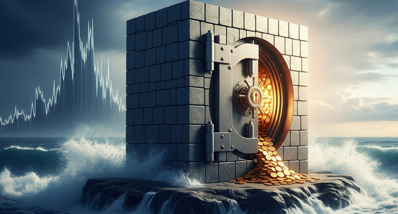 A visual representation of a stable financial foundation amidst stormy market conditions, possibly featuring coins or a secure vault protected from turbulent waves or a dramatic stock chart. The colors convey a sense of calm and security.