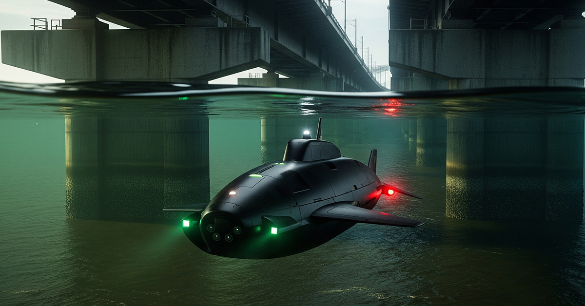 A dark, futuristic unmanned underwater drone approaching the concrete supports of a massive bridge. The water is murky and dramatic, with a sense of military precision.