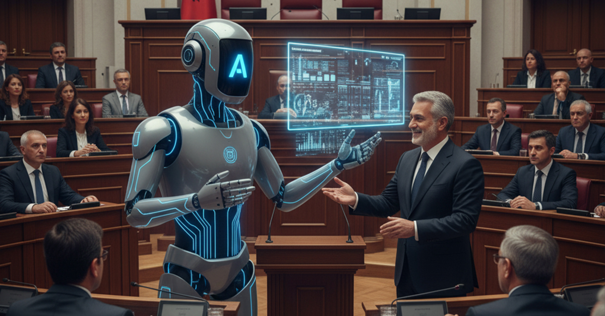 An AI robot minister standing at a podium in a parliamentary setting, gesturing towards a human Prime Minister who is presenting it to an assembly of human politicians.