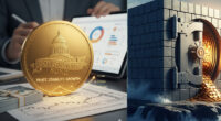 A prominent gold coin labeled "Government Bond" with a capitol building illustration, sitting on financial documents and charts, symbolizing trust and stable investment.