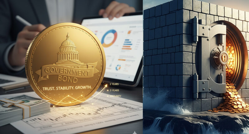A prominent gold coin labeled "Government Bond" with a capitol building illustration, sitting on financial documents and charts, symbolizing trust and stable investment.