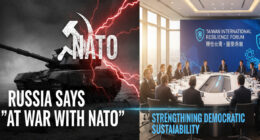 Geopolitical contrast: Russian tank with "NATO" and lightning in a stormy landscape juxtaposed with a modern conference room hosting the Taiwan International Resilience Forum.
