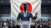 A futuristic robot dressed in a business suit stands at a podium in front of a large Japanese flag, as if giving a political speech to a crowd.