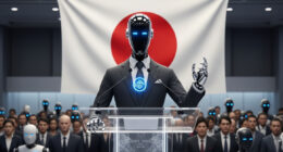 A futuristic robot dressed in a business suit stands at a podium in front of a large Japanese flag, as if giving a political speech to a crowd.