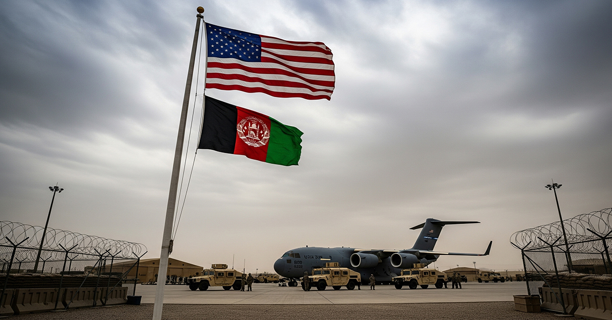 A serious photo of a U.S. military air base in Afghanistan with American and Afghan flags flying.