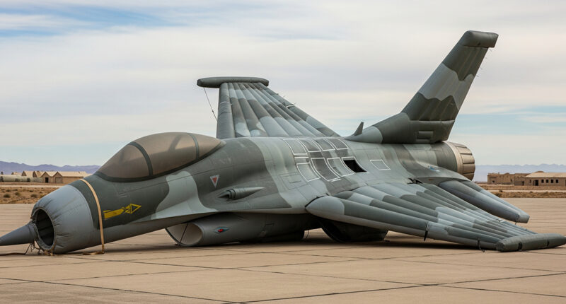 A deflated, crumpled inflatable decoy fighter jet lies on a military tarmac.