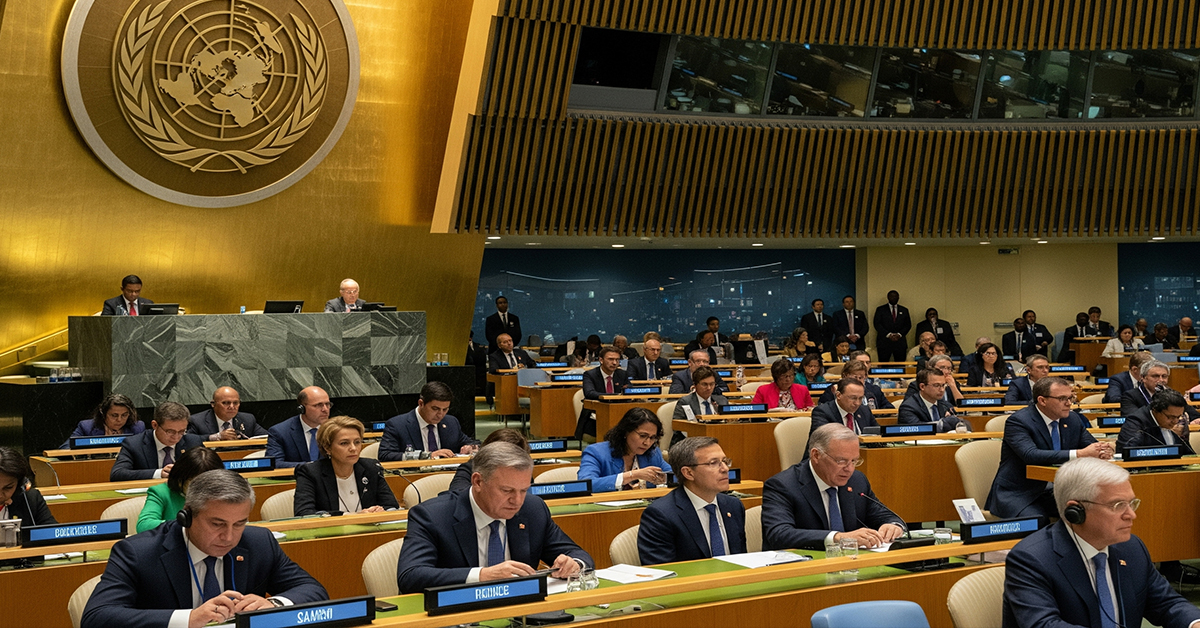 World leaders at a UN meeting, with a serious and tense atmosphere.