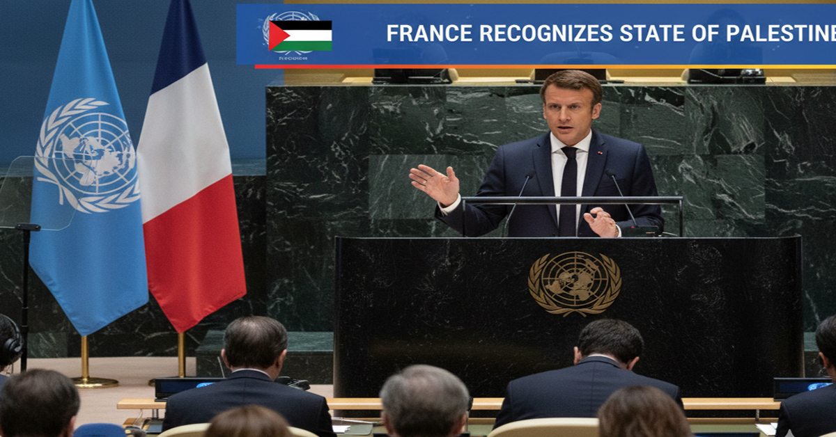 President Emmanuel Macron speaking at the UN General Assembly podium, with a backdrop of the UN logo. The image captures the moment he announced France's recognition of the State of Palestine.