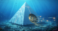 Deep sea illustration showing a mysterious pyramidal structure on the ocean floor near the Bahamas, with an unidentified craft hovering above it.