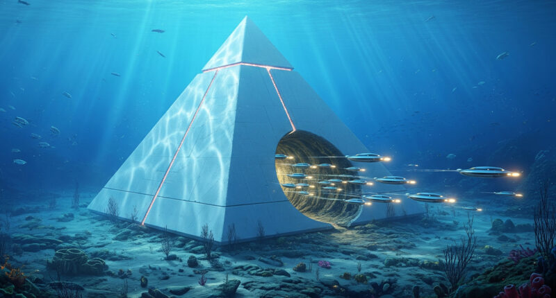 Deep sea illustration showing a mysterious pyramidal structure on the ocean floor near the Bahamas, with an unidentified craft hovering above it.