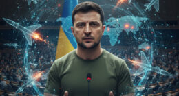 Ukrainian President Volodymyr Zelenskyy addressing world leaders about the AI-driven arms race.