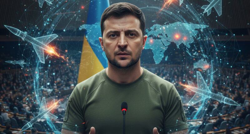 Ukrainian President Volodymyr Zelenskyy addressing world leaders about the AI-driven arms race.