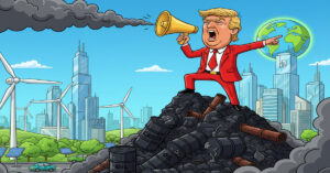 A red-suited figure, reminiscent of Donald Trump, stands on a pile of coal and oil barrels, speaking into a megaphone. The figure points a finger at a background where a vibrant, green, and modern city with solar panels and wind turbines stands under a clear sky. A plume of black smoke billows from the fossil fuels in the foreground, contrasting with the clean background.
