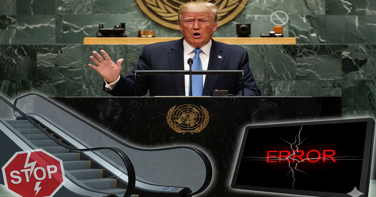 Donald Trump at UN podium with graphics of a stopped escalator and broken teleprompter, illustrating his "triple sabotage" claim.