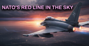 A military jet with NATO markings flying aggressively towards the viewer, silhouetted against a dramatic, cloudy sky near a border. The image conveys tension and readiness for aerial confrontation. Title: NATO Fighter Jet on High Alert near Eastern Border