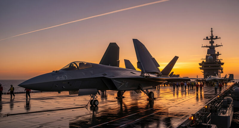 Chinese J-35 stealth jet with wings folded, parked on the deck of the naval aircraft carrier Fujian.