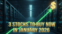 A striking feature image for a financial article, prominently displaying '3 Stocks to Buy Now in January 2026' in glowing gold text. The background features a futuristic data center with illuminated server racks, symbolizing the AI technology boom. A bold, neon green upward-sloping graph line with a dollar sign at its apex signifies market growth. Three stylized AI microchips are subtly integrated into a digital circuit pattern at the bottom, representing key tech investments.
