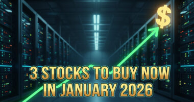 A striking feature image for a financial article, prominently displaying '3 Stocks to Buy Now in January 2026' in glowing gold text. The background features a futuristic data center with illuminated server racks, symbolizing the AI technology boom. A bold, neon green upward-sloping graph line with a dollar sign at its apex signifies market growth. Three stylized AI microchips are subtly integrated into a digital circuit pattern at the bottom, representing key tech investments.