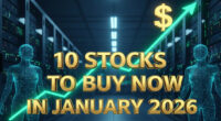 A futuristic financial graphic featuring the text '5 Stocks to Buy Now in January 2026' in gold. The background shows a high-tech data center with glowing server racks and a neon green upward-trending stock chart, symbolizing AI-driven investment success."