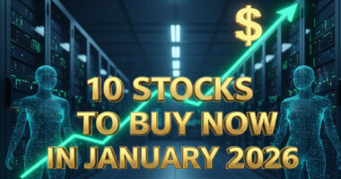 A futuristic financial graphic featuring the text '5 Stocks to Buy Now in January 2026' in gold. The background shows a high-tech data center with glowing server racks and a neon green upward-trending stock chart, symbolizing AI-driven investment success."
