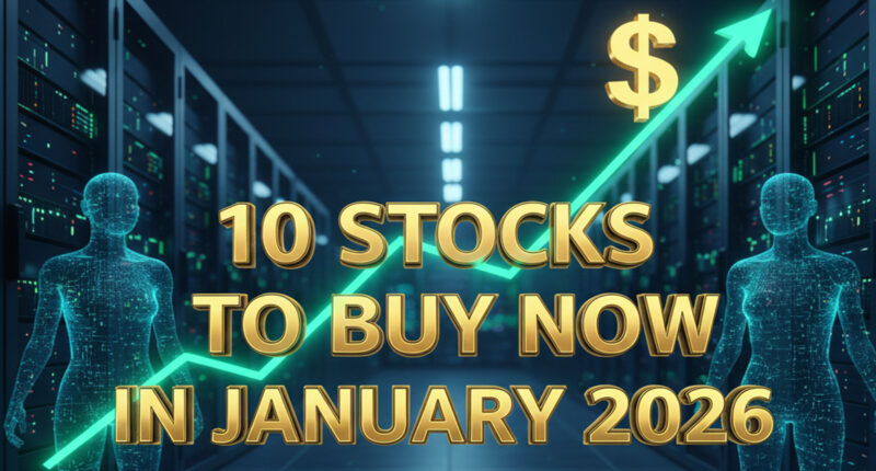 A futuristic financial graphic featuring the text '5 Stocks to Buy Now in January 2026' in gold. The background shows a high-tech data center with glowing server racks and a neon green upward-trending stock chart, symbolizing AI-driven investment success."
