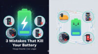 Illustration depicting common smartphone battery damaging mistakes: charging behind furniture, apps with excessive background activity, and letting battery drain to 0%, all surrounding a healthy smiling battery icon.