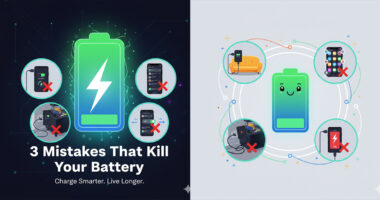 Illustration depicting common smartphone battery damaging mistakes: charging behind furniture, apps with excessive background activity, and letting battery drain to 0%, all surrounding a healthy smiling battery icon.