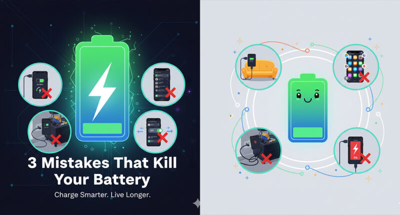 Illustration depicting common smartphone battery damaging mistakes: charging behind furniture, apps with excessive background activity, and letting battery drain to 0%, all surrounding a healthy smiling battery icon.