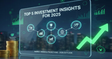 Infographic visualization of Top 5 Investment Insights for 2025 and 2026 stock market trends including risk and reward analysis.