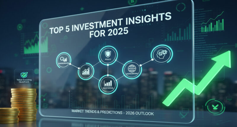 Infographic visualization of Top 5 Investment Insights for 2025 and 2026 stock market trends including risk and reward analysis.