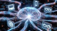 Glowing neural-brain illustration with interconnected strands and floating icons for devices like a computer, phone, glasses, symbolizing AI connectivity.