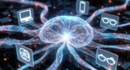 Glowing neural-brain illustration with interconnected strands and floating icons for devices like a computer, phone, glasses, symbolizing AI connectivity.