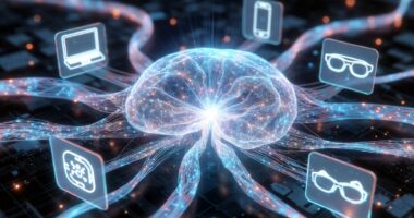Glowing neural-brain illustration with interconnected strands and floating icons for devices like a computer, phone, glasses, symbolizing AI connectivity.