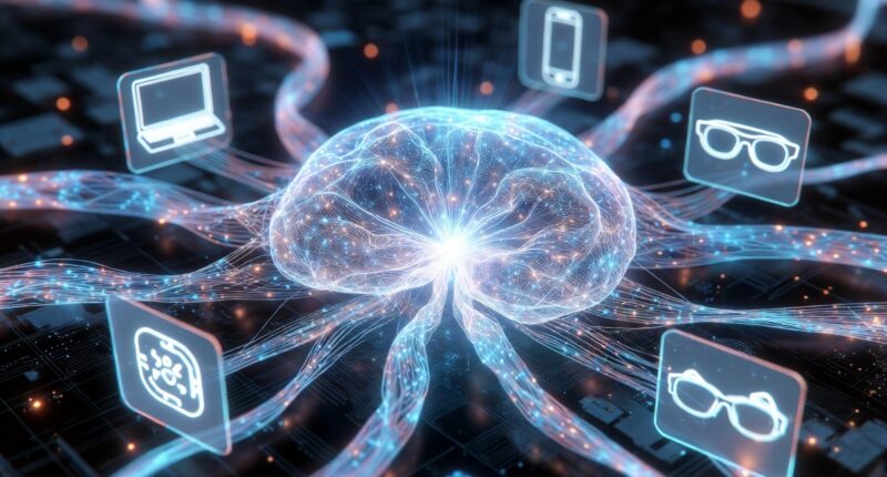 Glowing neural-brain illustration with interconnected strands and floating icons for devices like a computer, phone, glasses, symbolizing AI connectivity.