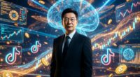 Businessman in a suit surrounded by a glowing neural-network brain and futuristic financial dashboards with charts and coins.