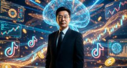 Businessman in a suit surrounded by a glowing neural-network brain and futuristic financial dashboards with charts and coins.
