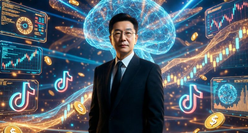 Businessman in a suit surrounded by a glowing neural-network brain and futuristic financial dashboards with charts and coins.