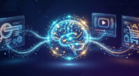 Glowing neural-brain graphic with light trails and floating UI panels showing search, video, and shopping icons.