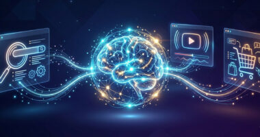 Glowing neural-brain graphic with light trails and floating UI panels showing search, video, and shopping icons.