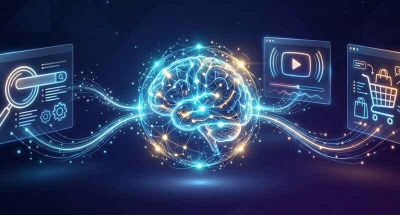 Glowing neural-brain graphic with light trails and floating UI panels showing search, video, and shopping icons.