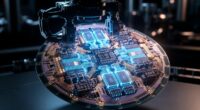Futuristic circular PCB with glowing blue circuitry under a robotic arm in a dark lab.