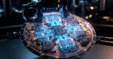 Futuristic circular PCB with glowing blue circuitry under a robotic arm in a dark lab.