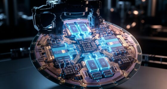 Futuristic circular PCB with glowing blue circuitry under a robotic arm in a dark lab.