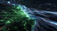 Abstract digital landscape: glowing green network lines converging with blue wisps of data flowing into darkness.