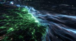 Abstract digital landscape: glowing green network lines converging with blue wisps of data flowing into darkness.