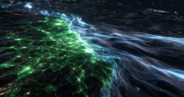 Abstract digital landscape: glowing green network lines converging with blue wisps of data flowing into darkness.