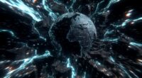 Futuristic digital globe with a circuit-like surface, glowing blue energy streams, and surrounding dark, blocky structures resembling a sci‑fi cityscape.